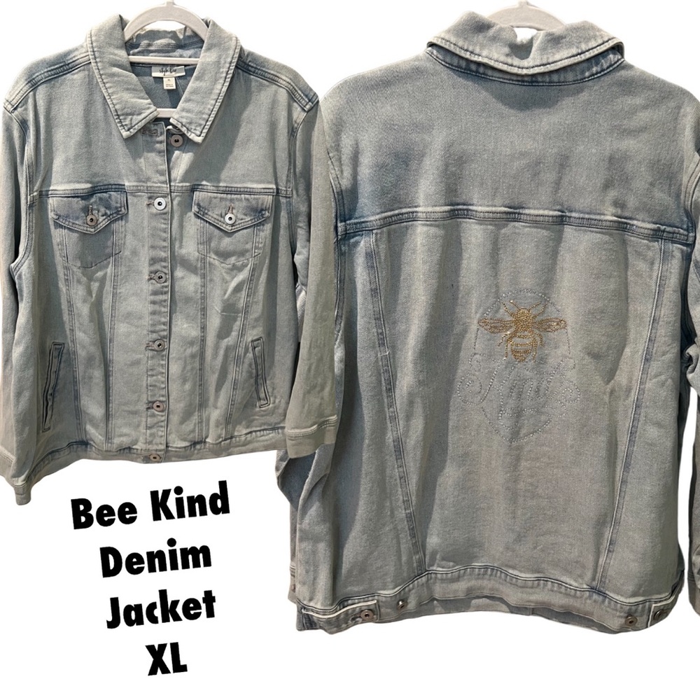 Women’s denim jacket with rhinestone Bee Kind design